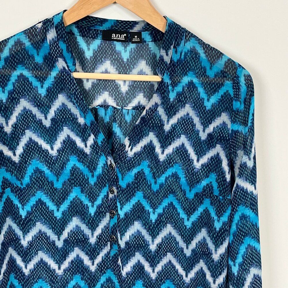A.n.a. Chevron Pullover V-Neck Dark Blue Base Sheer Women's Blouse – Size M